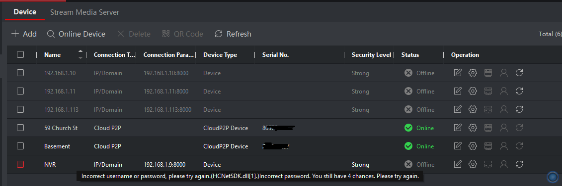 Showing NVR offline and incorrect password message.